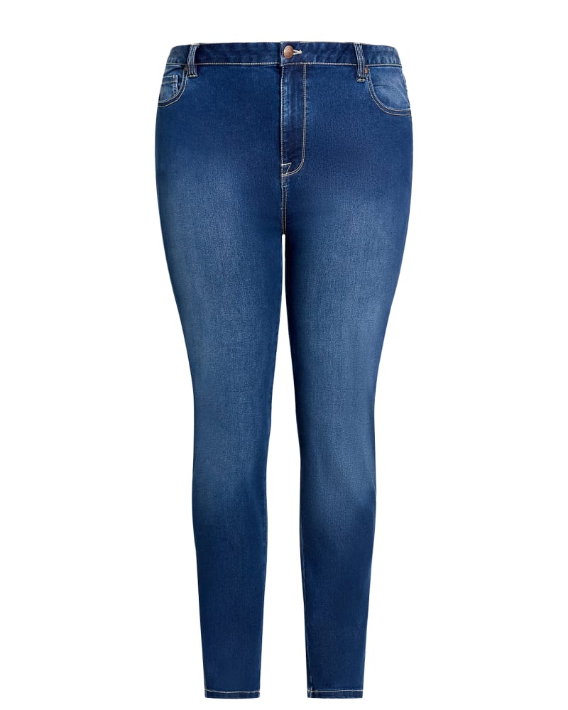 Front of a size 18 Eliana Butter Skinny Jean in Medium Wash by avenue. | dia_product_style_image_id:322782